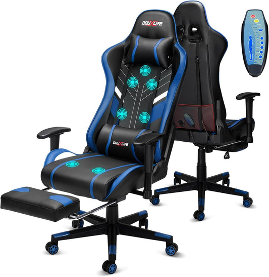 Douxlife Gaming Stoel, met 7-punts Massage, Ergonomische bureaustoel met Voetensteun, 90-175° Rugleuning Instelbaar, Verstelbare 2D-Armleuning, PC-gamerstoel, Bureaustoel, 180 kg, Zwart-blauw