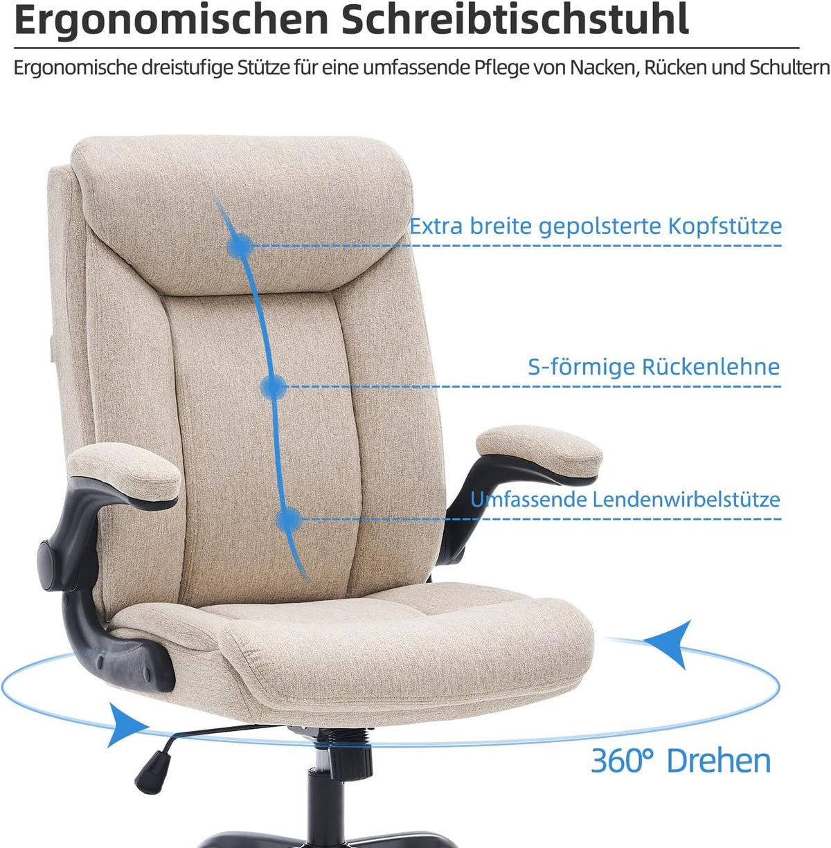 Ergonomische bureaustoel, computerstoel, draaibare werkstoel met opklapbare armleuning, in hoogte verstelbaar, comfortabel voor kantoor, thuis, gaming (beige stof)
