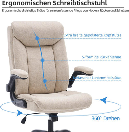Ergonomische bureaustoel, computerstoel, draaibare werkstoel met opklapbare armleuning, in hoogte verstelbaar, comfortabel voor kantoor, thuis, gaming (beige stof)