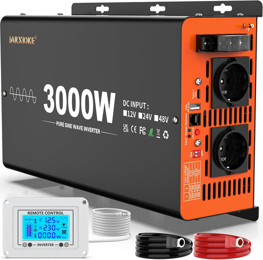 3000 W Omvormer 12 V 230 V Zuivere Sinus Spanningsomvormer met LCD-Afstandsbediening & 2 EU Stopcontact & USB-Poort & (36 W) Type-C Poort, Inverter (instelbare ingangsspanningsfunctie)
