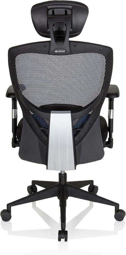 hjh OFFICE Venus Base 657110 Bureaustoel, managersstoel, blauw, ergonomische flexibele lendensteun, hoog zitcomfort, ergonomische draaistoel met verstelbare armleuningen, bureaustoel
