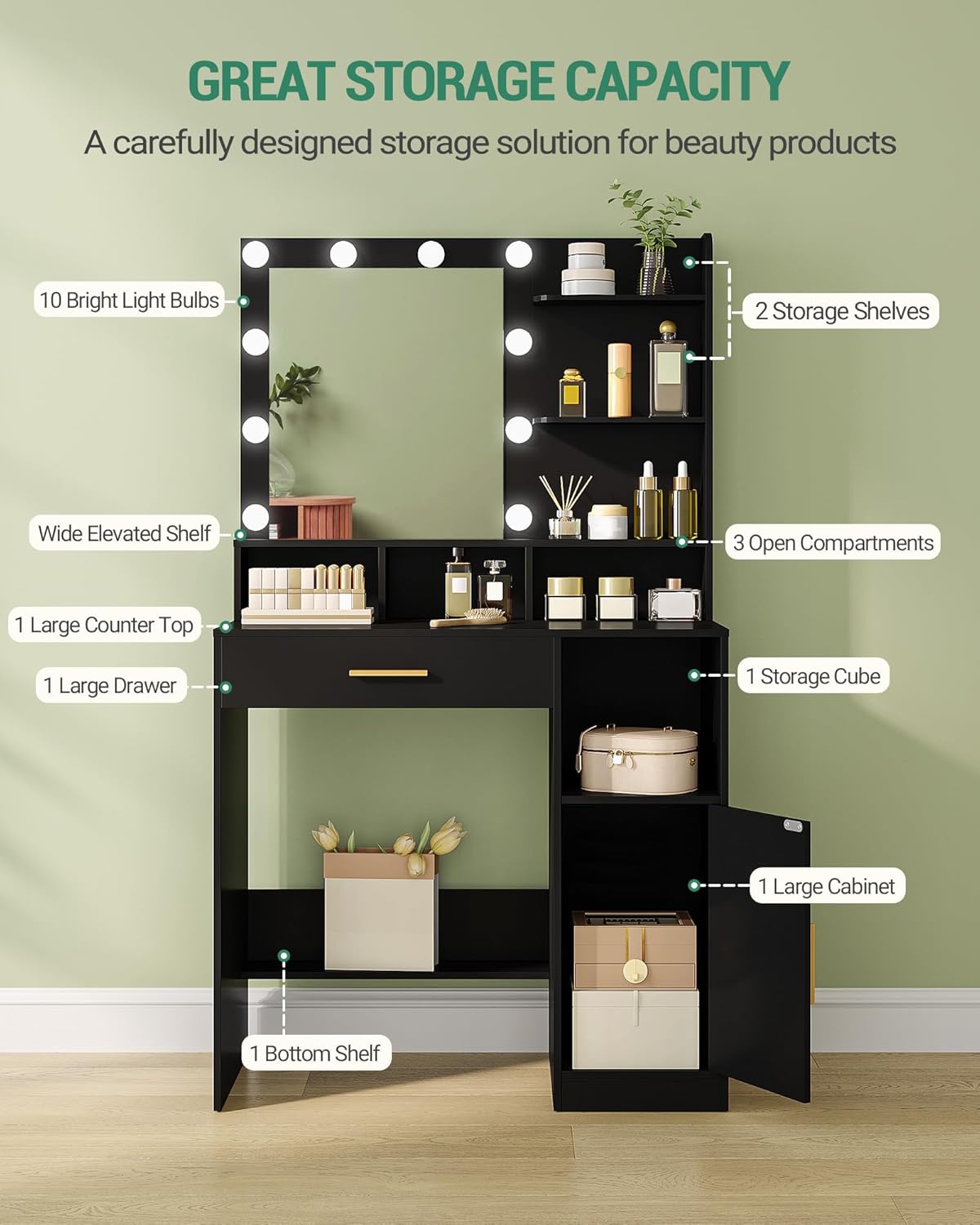 Hzuaneri Dressing Table with Mirror and 10 Led Lighting, with 3 Shelves & 4 Open Compartments, Dressing Table with Large Drawer & Cabinet, 3 Adjustable Luminosity, BlackVT08106X