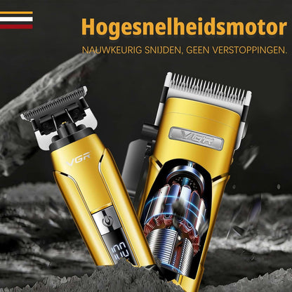 VGR 694 Professionele Tondeuseset, Draadloze Tondeuse voor Mannen, Trimmer en Scheerapparaatset met Magnetisch Laadstation, Kappersset met Keramisch Koolstofstalen Mes en LED Display, Goud