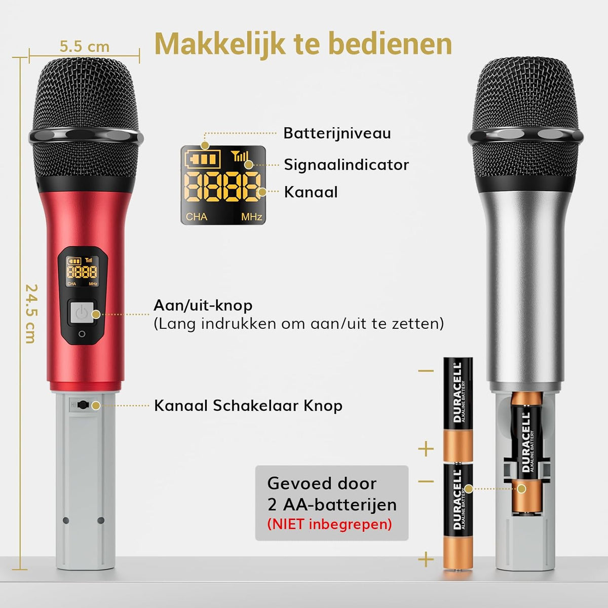 Draadloos Microfoonsysteem – Draadloze Microfoonset – Karaoke Microfoonset – Handmicrofoonset – UHF Microfoonsysteem – Set Van 2 Handmicrofoons Zilver En Rood – Tot 60 Meter Bereik – Metalen Behuizing