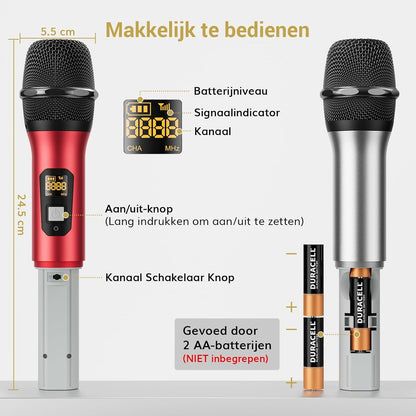 Draadloos Microfoonsysteem – Draadloze Microfoonset – Karaoke Microfoonset – Handmicrofoonset – UHF Microfoonsysteem – Set Van 2 Handmicrofoons Zilver En Rood – Tot 60 Meter Bereik – Metalen Behuizing
