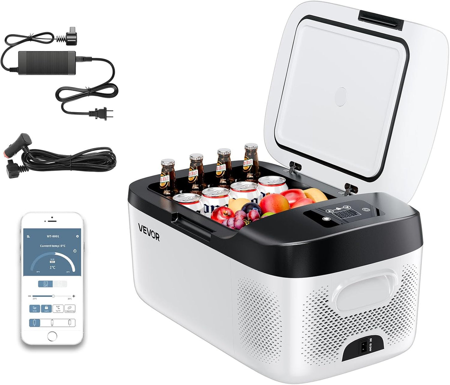 VEVOR Draagbare elektrische koelkast voor auto, 15 l, mini-compressor, DC 12 V, 24 V, met koud- en warme modus, app-bediening, compact en schokbestendig ontwerp, voor camper, vrachtwagen, boot
