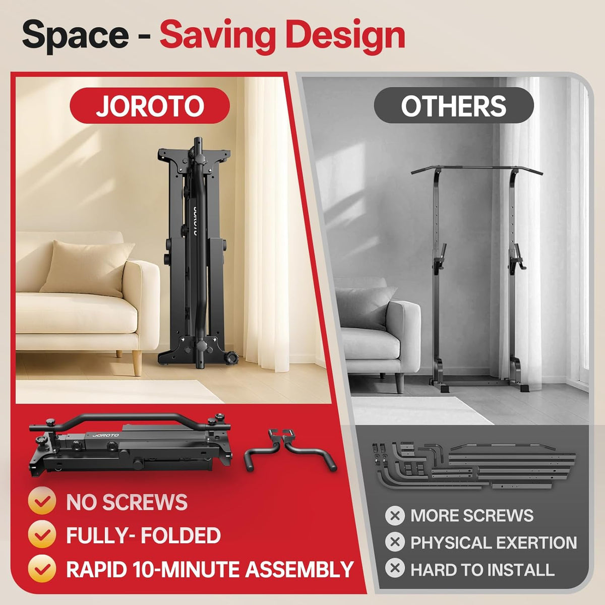 JOROTO Foldable Power Tower Dip Station, Height Adjustable Freestanding Pull-Up Station, 5 in 1 Multifunctional Home Gym Fitness Station, 172kg Load Capacity - QUORE