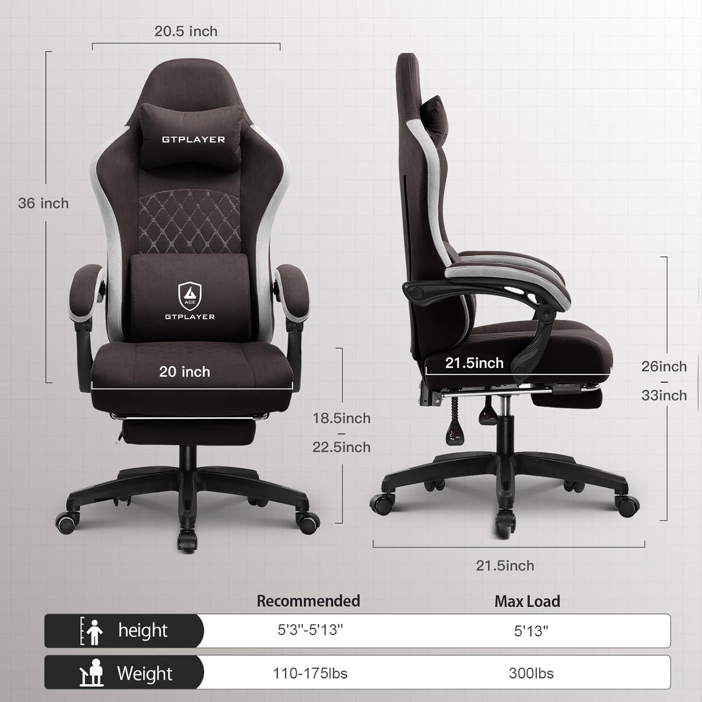 GTPLAYER Gaming Chair with Footrest Fabric Office Chair with Pocket Spring Cushion and Clutch Armrests, Ergonomic Computer Chair with High Back and Lumbar Support, Task Chair, Brown - QUORE