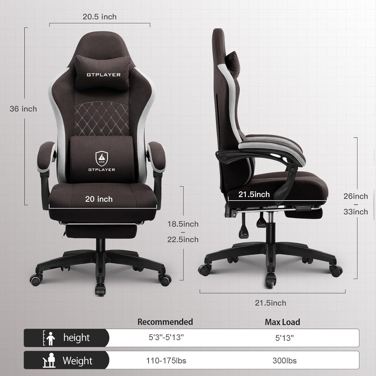 GTPLAYER Gaming Chair with Footrest Fabric Office Chair with Pocket Spring Cushion and Clutch Armrests, Ergonomic Computer Chair with High Back and Lumbar Support, Task Chair, Brown - QUORE