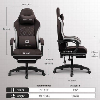GTPLAYER Gaming Chair with Footrest Fabric Office Chair with Pocket Spring Cushion and Clutch Armrests, Ergonomic Computer Chair with High Back and Lumbar Support, Task Chair, Brown - QUORE