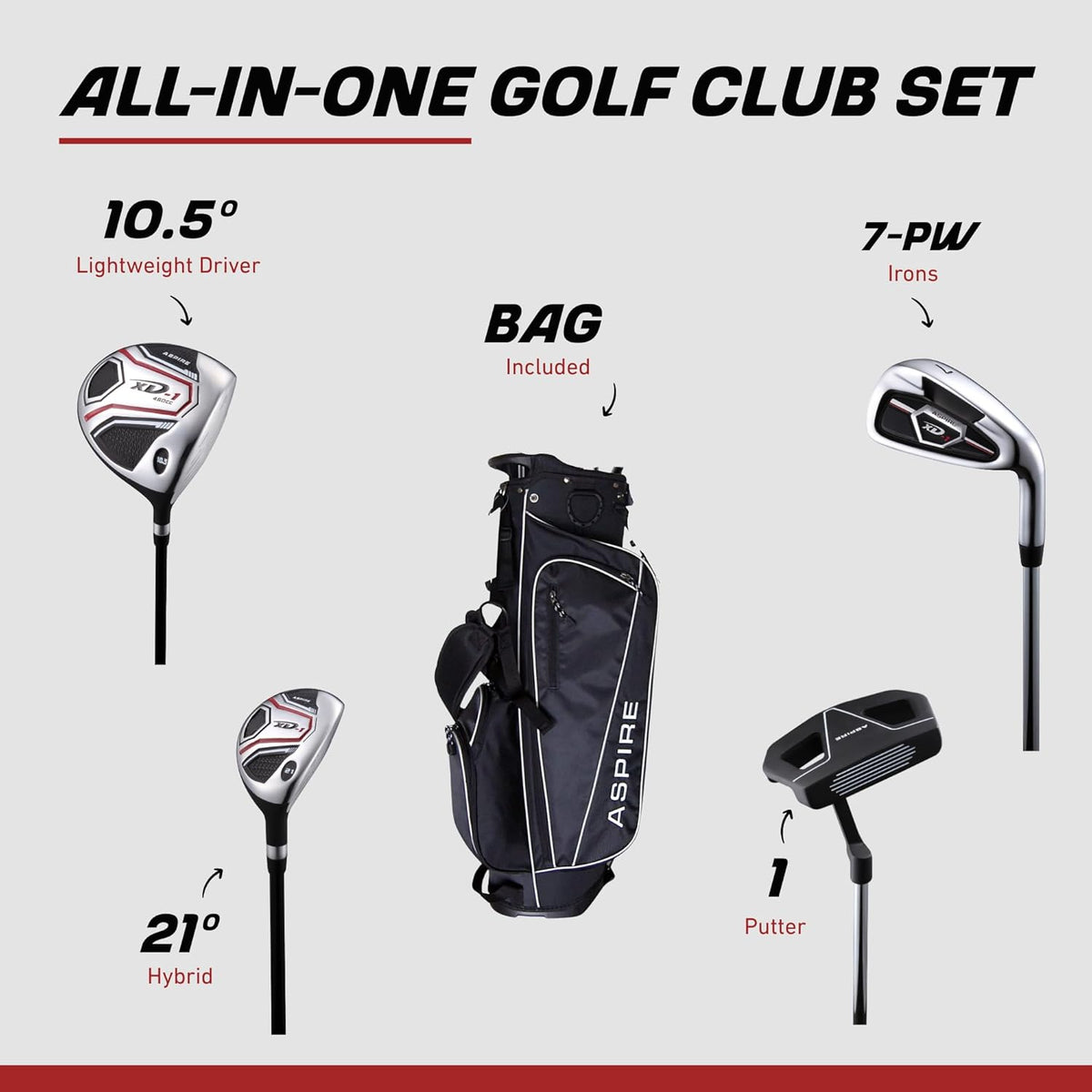 Aspire XD1 Teen Golf Club Set for Ages 13-16 (5'1"-5'6") - Left/Right-Handed Complete Youth Golf Club Set with Driver, Hybrid, 7-PW Irons, Putter, Stand Bag & 3 Headcovers (Right Hand)