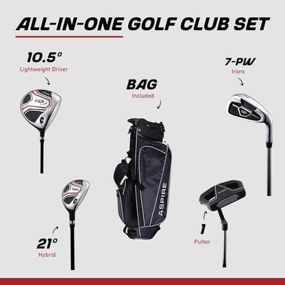 Aspire XD1 Teen Golf Club Set for Ages 13-16 (5'1"-5'6") - Left/Right-Handed Complete Youth Golf Club Set with Driver, Hybrid, 7-PW Irons, Putter, Stand Bag & 3 Headcovers (Right Hand)