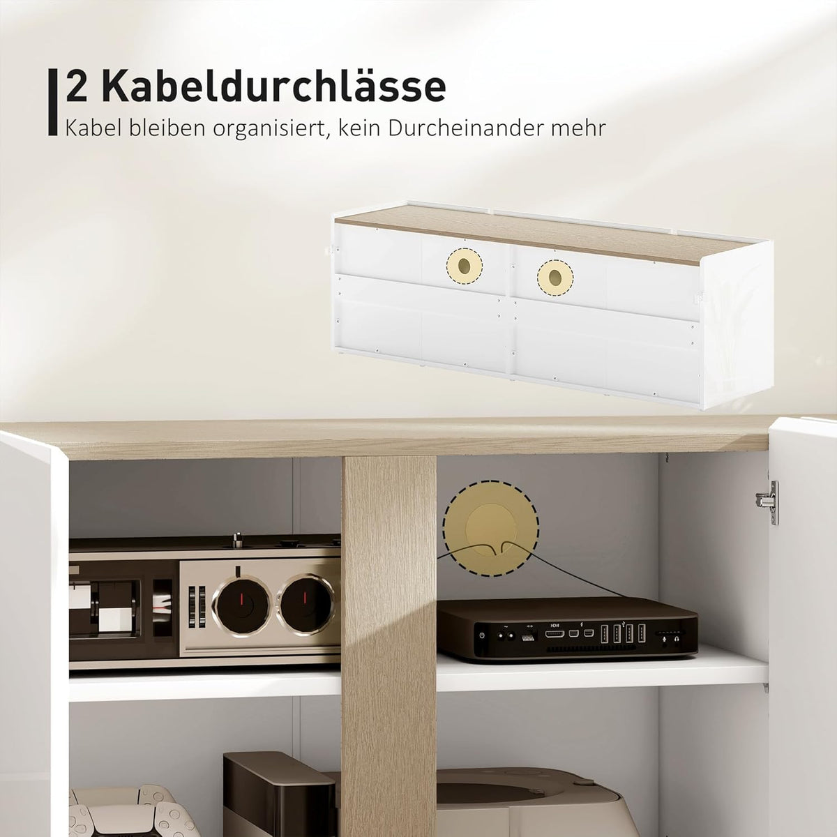 HOMCOM TV Schrank TV Board mit 4 Soft-Close-Türen Hochglanz TV Lowboard für Fernseher bis zu 65 Zoll mit Verstellbaren Ablagen, Kabelmanagement Fernsehtisch für Wohnzimmer Weiß 135x38x45cm