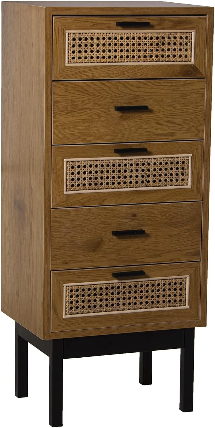 DRW Symfonier met 5 schuifladen van MDF, rieten en metaal in natuur en zwart 40 x 30 x 93 cm