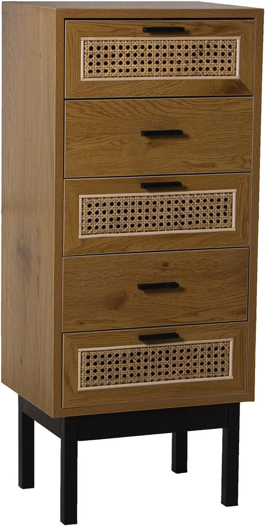 DRW Symfonier met 5 schuifladen van MDF, rieten en metaal in natuur en zwart 40 x 30 x 93 cm