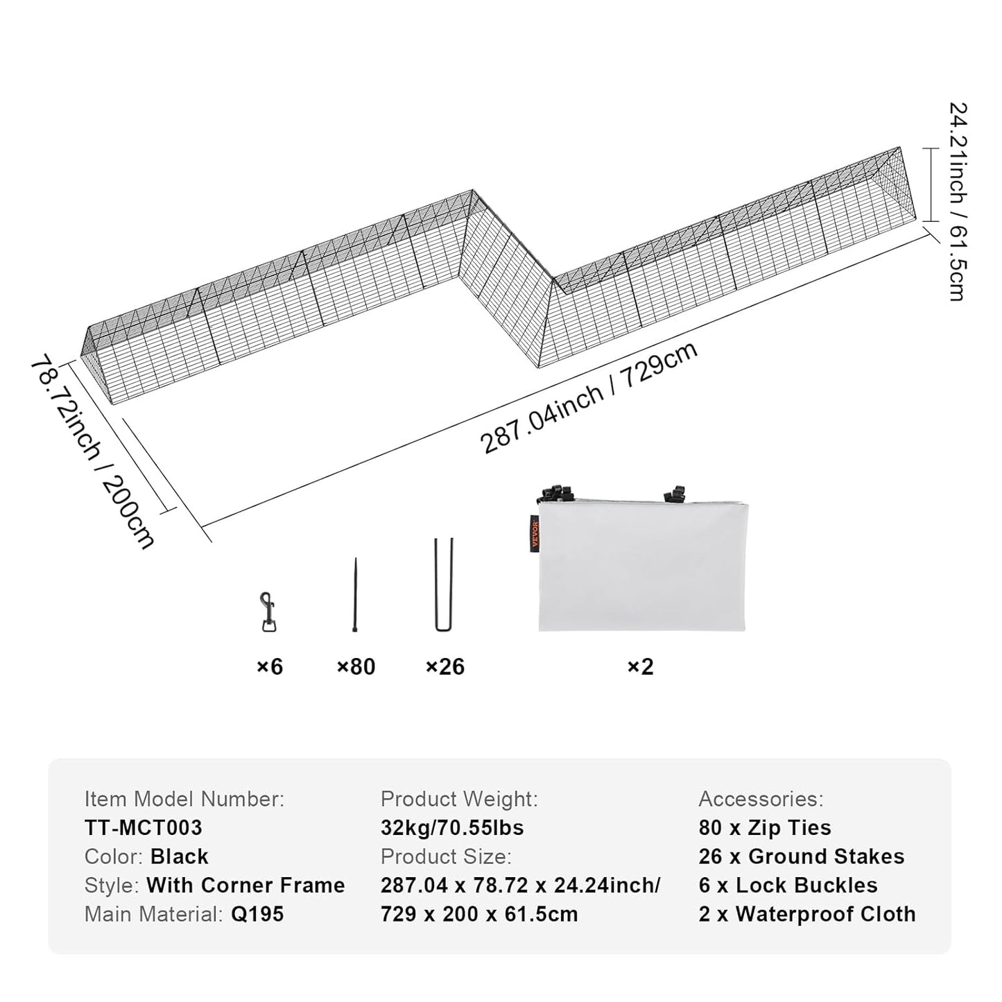 VEVOR Chicken coop with corner frame, 730 x 200 x 61.5 cm, suitable for ducks, rabbits, poultry cage - QUORE