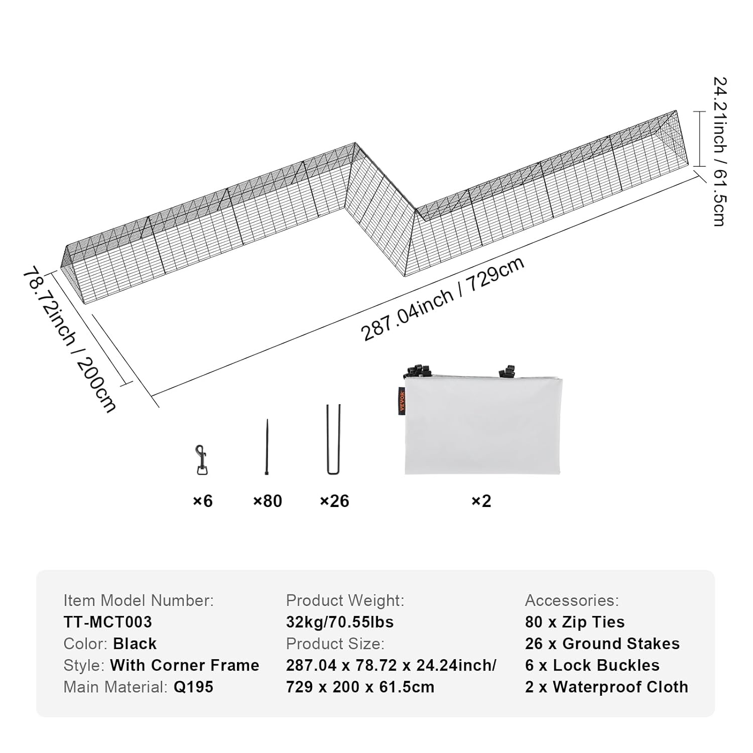 VEVOR Chicken coop with corner frame, 730 x 200 x 61.5 cm, suitable for ducks, rabbits, poultry cage - QUORE