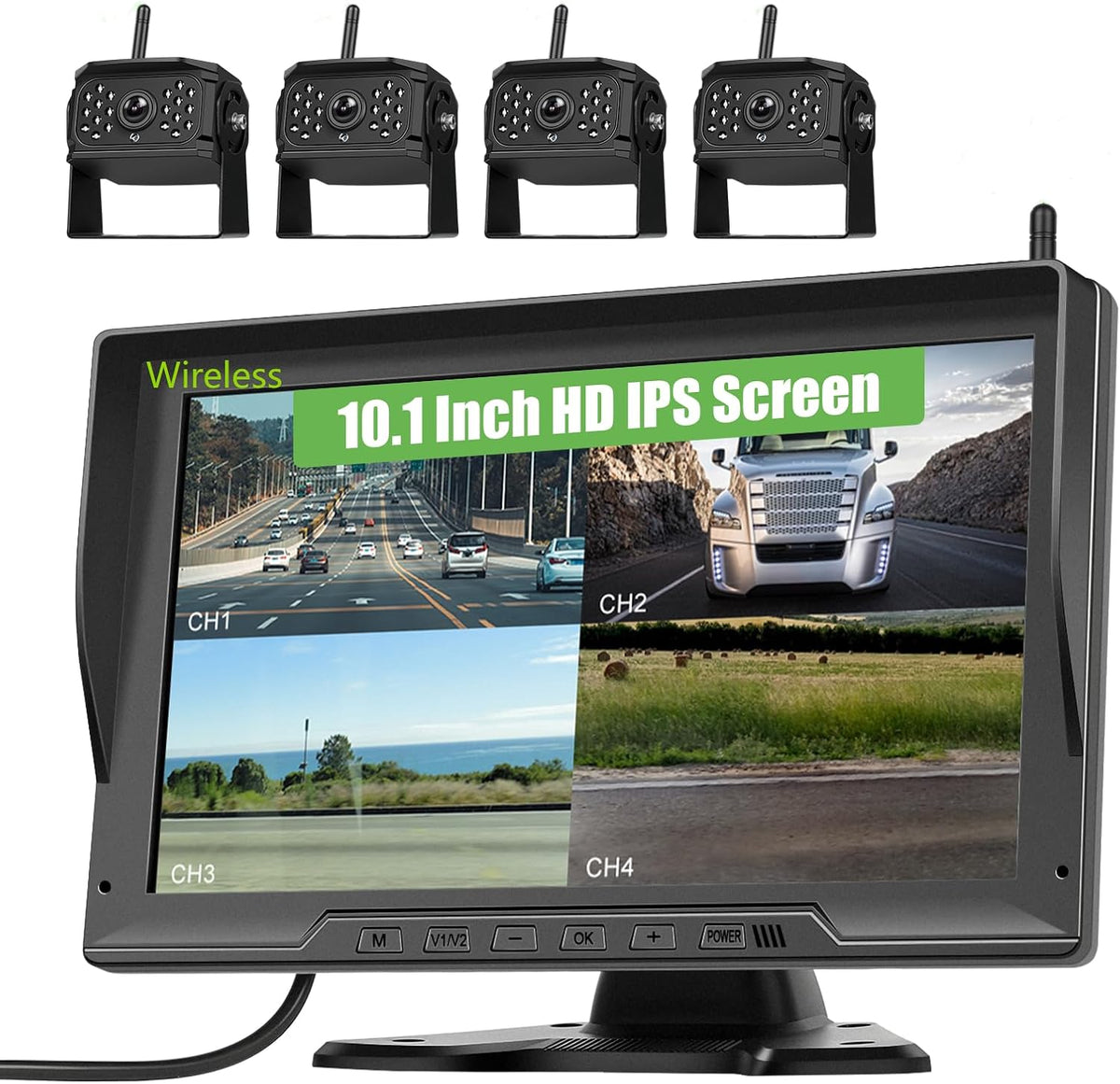 Digitale draadloze achteruitrijcamera, 4 camera's, 10,1 inch IPS HD achteruitrijmonitor met gedeeld scherm met opnamefunctie, nachtzicht, DVR-monitor & IP68 waterdichte aanhanger/vrachtwagen/camper