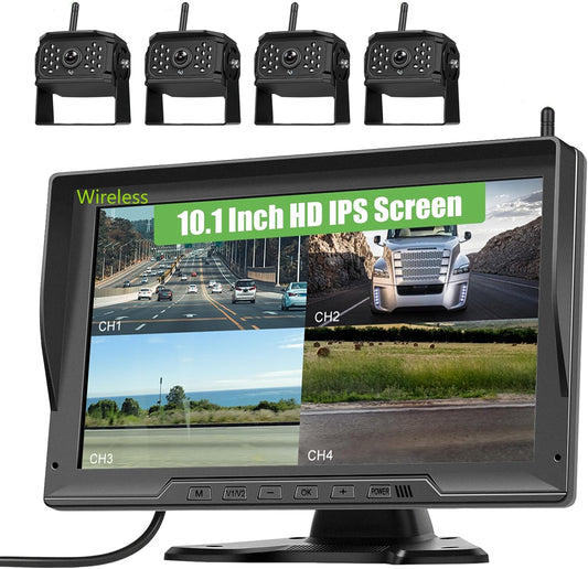 Digitale draadloze achteruitrijcamera, 4 camera's, 10,1 inch IPS HD achteruitrijmonitor met gedeeld scherm met opnamefunctie, nachtzicht, DVR-monitor & IP68 waterdichte aanhanger/vrachtwagen/camper