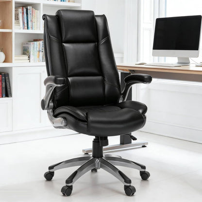 COLAMY Lederen Executive Bureaustoel - Hoge Rug Computer Bureaustoel met Gewatteerde Flip-up Armen, Verstelbaar Tilt Lock, Draaibare Rollende Ergonomische Stoel voor Volwassen Werken Studie, Zwart