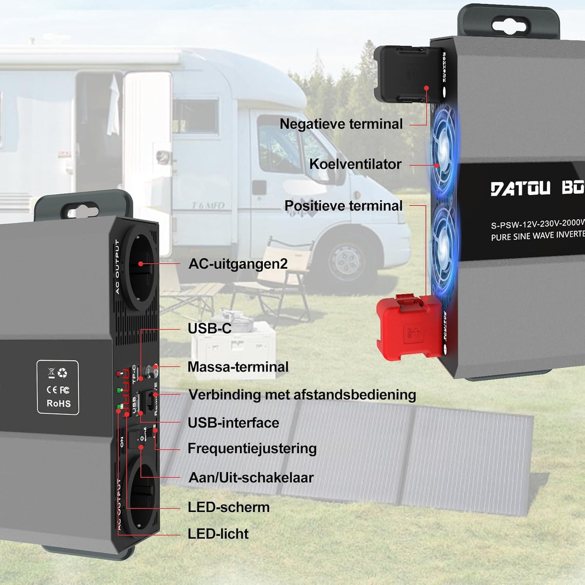 DATOUBOSS Omvormer 12v naar 230v Zuivere Sinus 2000w, Omvormer 12v naar 230v met AC-Aansluiting en 3A USB-Poort Soor Thuis, Camper, Off-Grid Zonne-Energie-Inverter (SAK-12V2000W)