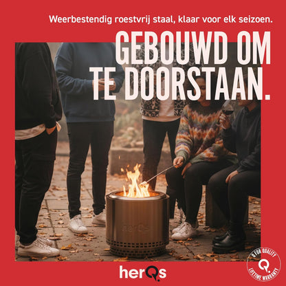 herQs Blaze - Rookvrije vuurkorf van roestvrij staal Ø49,5 cm voor 6-8 personen – Smokeless firepit met secundaire verbranding – Inclusief draagtas en asopvangbak - voor de gemiddelde en grote tuin