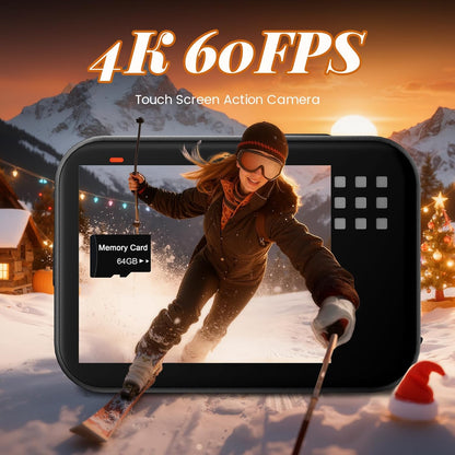 4K60FPS Actiecamera waterdicht, 10 m kale onderwatercamera met 64 GB kaart, 8x zoom touchscreen sportcamera, 6-assige EIS 64MP helmcamera, afstandsbediening, vervormingscorrectie 2 x 1350 mAh.