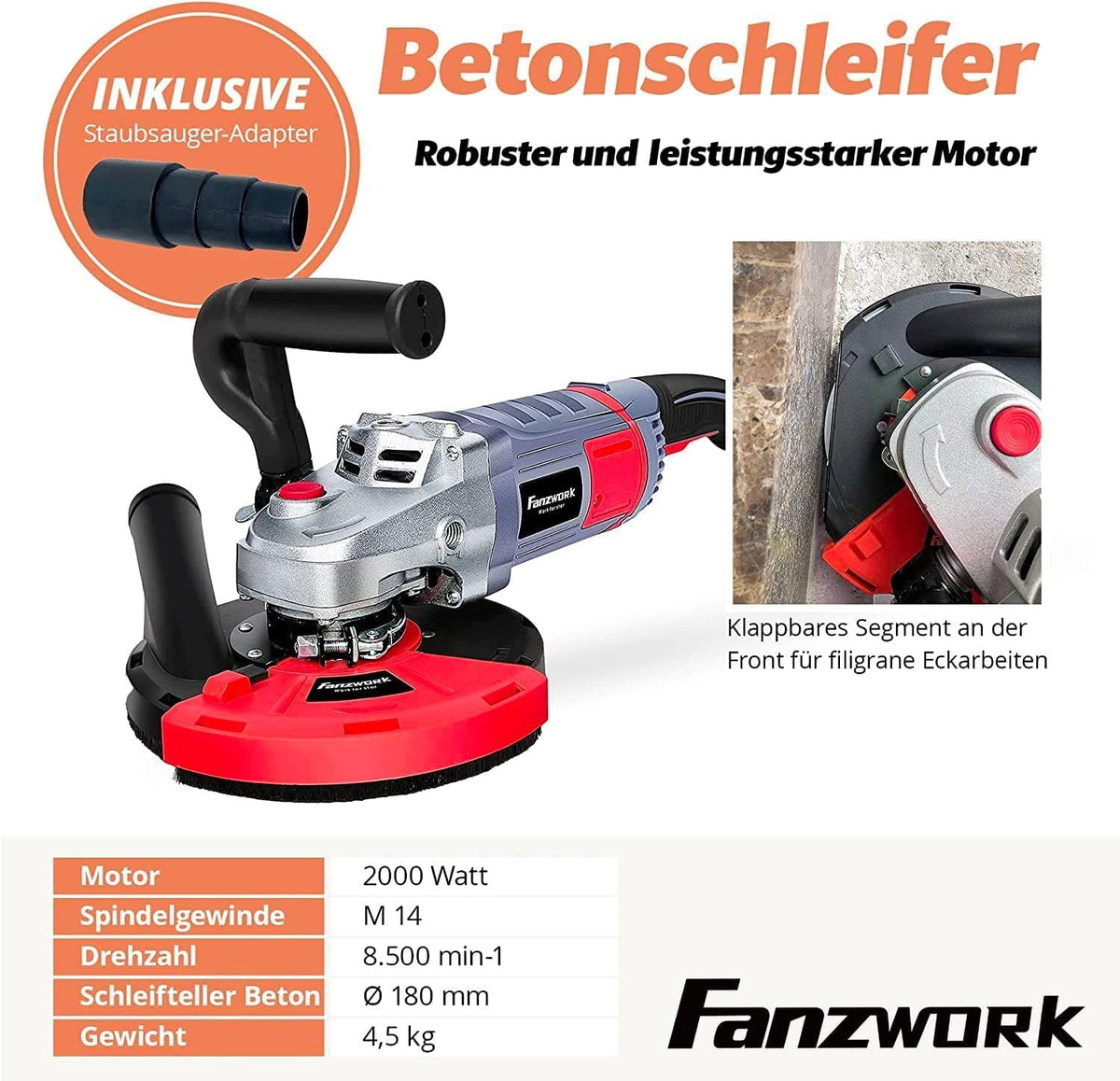 FANZTOOL Betonslijper, betonfrees, set met diamantslijpkop en afzuigkap (2000 W/180 mm)
