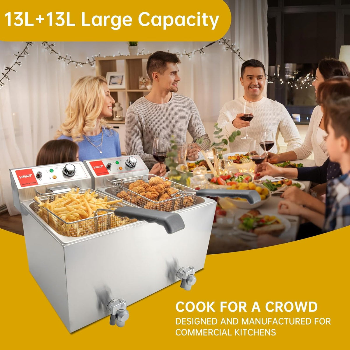 Valgus Dual Tanks Elektrische friteuse, 3300 W, 26 l, grote capaciteit, roestvrij staal, werkblad, keuken, frituurmachine met mand en deksel, afvoersysteem voor restaurants, commercieel gebruik