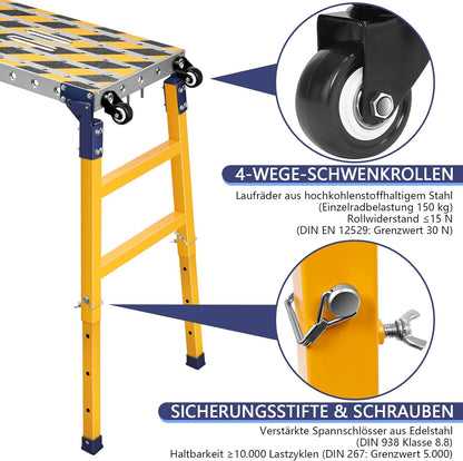 Stabiel 2-in-1 werkplatform + beweegbare lastafel met antislip plakstrips, 140 x 36 cm, verzinkte steiger met verstelbare hoogte, belastbaar tot 500 kg