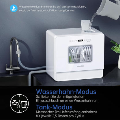 AIRMSEN Tafelvaatwasser, mini-vaatwasser met wateronthardingssysteem, 7+2 programma's en 5 liter watertank, compacte vaatwasser met/zonder wateraansluiting, ideaal voor appartementen, camper, wit