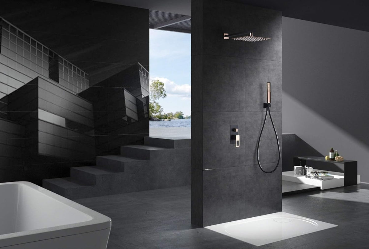 Douche Set – Regendouche – Douchekraan – Doucheset – Handdouche – Zwart Roségoud – Grote Vierkante Douchekop 25x25 cm – Antikalk Roestvrij Staal