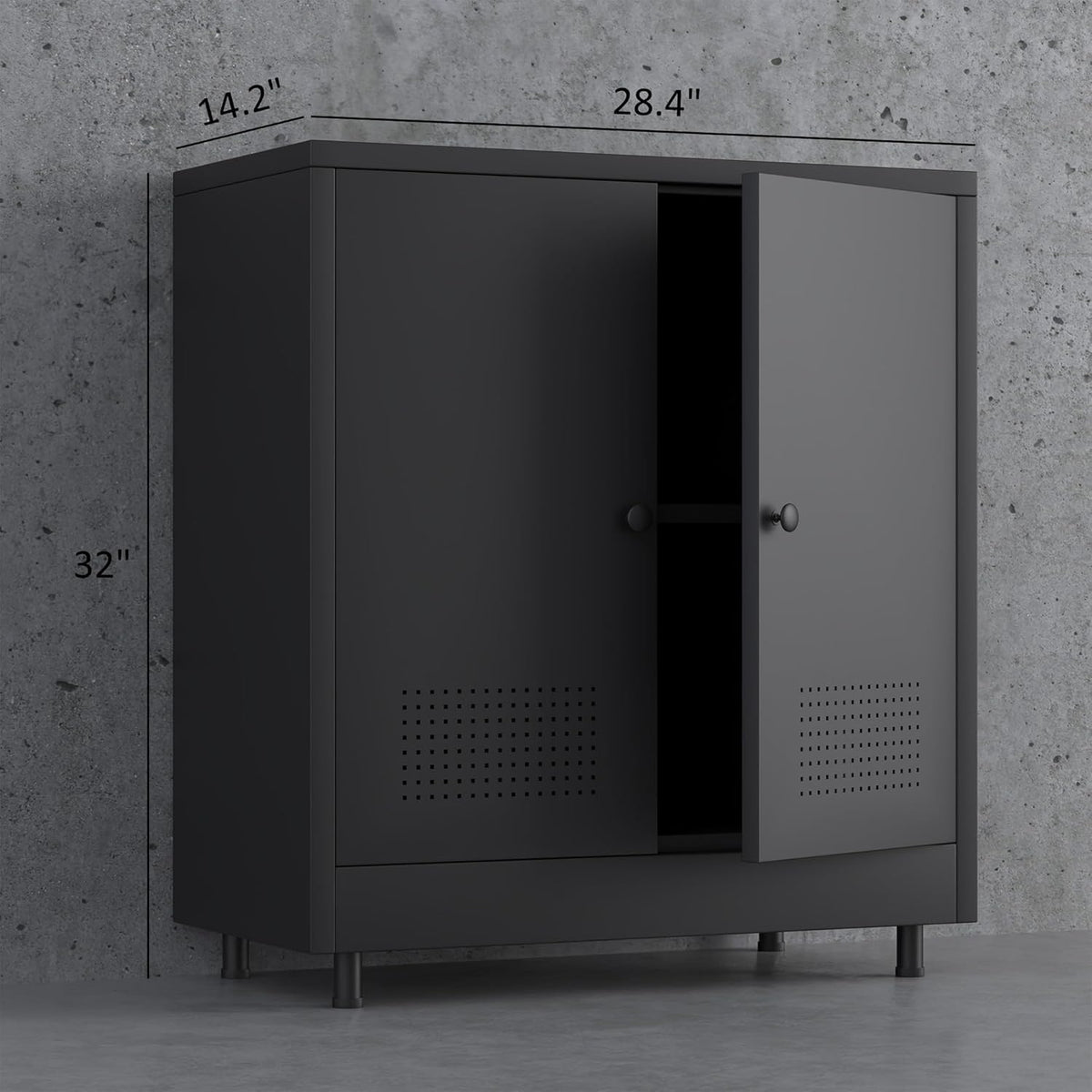 Metalen opbergkast met 2 deuren en verstelbare plank, stalen accent dressoir buffetkast voor thuis, kantoor, garage, entree, woonkamer, keukenkast en eetkamer (zwart) - QUORE