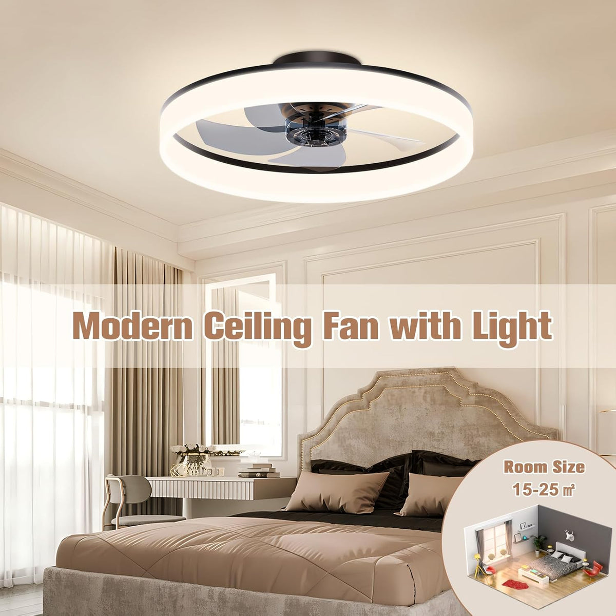 VOLISUN Plafondventilator met verlichting en afstandsbediening, 6 windstanden en dimbaar, moderne plafondlamp met ventilator, stille led-plafondventilator voor slaapkamer en woonkamer (wit, 50 cm)