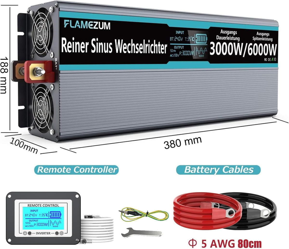 3000W Zuivere Sinus Omvormer 24V naar 230 V Spanningsomvormer Power Omvormer Converter met LCD-scherm,Afstandsbediening,2 EU AC-Stopcontacten & 2 USB-poorten Voor Auto, Caravan,Boot, Camping