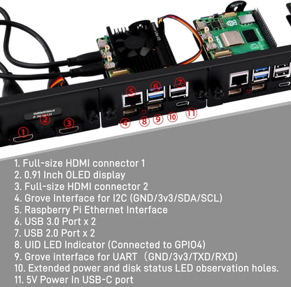 GeeekPi 19" 1U rackmontage voor Raspberry Pi 5, met 4 stuks PCIe naar M.2 NVMe SSD-adapters en OLED-scherm, compatibel met 19 inch serverrek