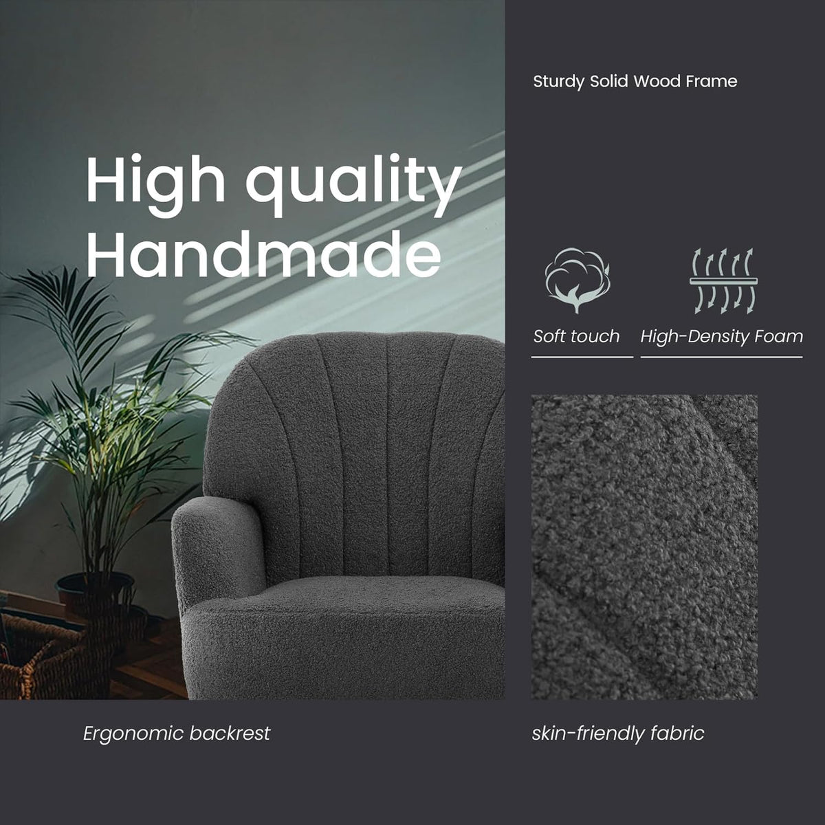 IWMH Accent Chair for Living Room, Teddy Fabric Armchair, Single Sofa Chair with Armrests, Metal Legs, Corner Chair for Bedroom Reading (Teddy Grey) - QUORE