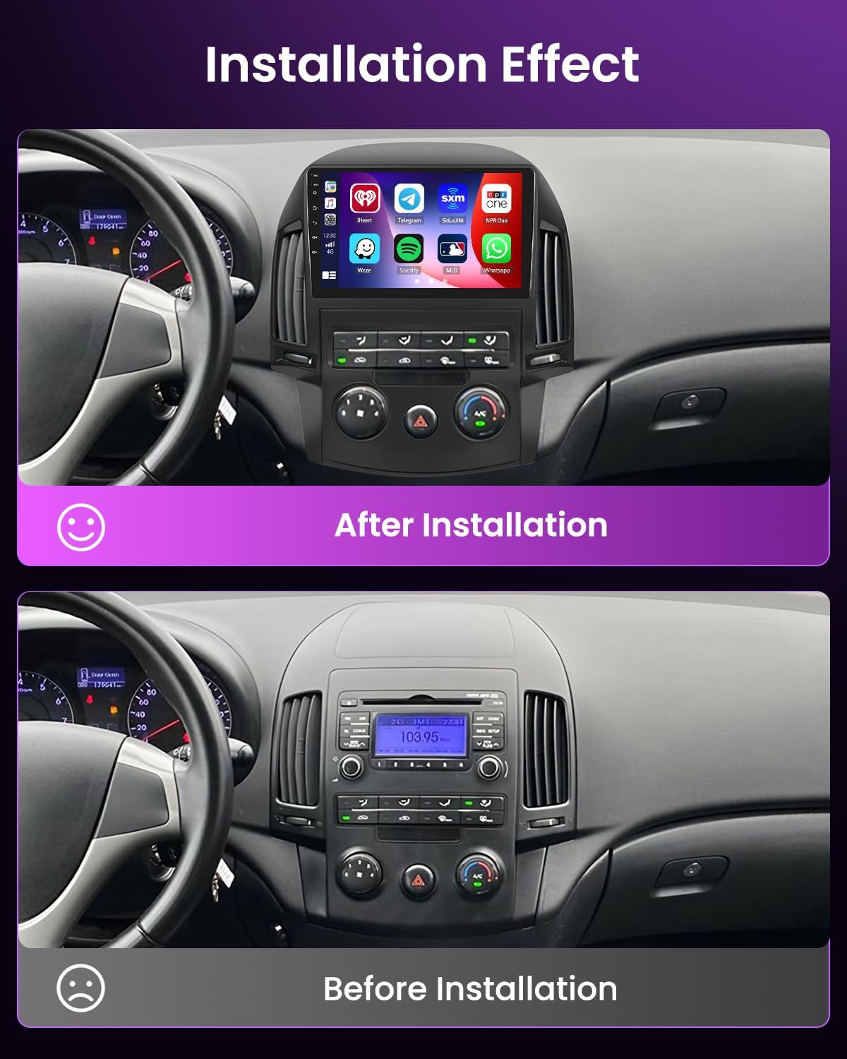 4+64G Android 15 autoradio voor Hyundai i30 2006-2011 met draadloze CarPlay Android Auto, 9-inch scherm, ondersteunt FM, RDS, 32EQ, GPS, Bluetooth, WiFi, SWC, AHD en achteruitrijcamera.