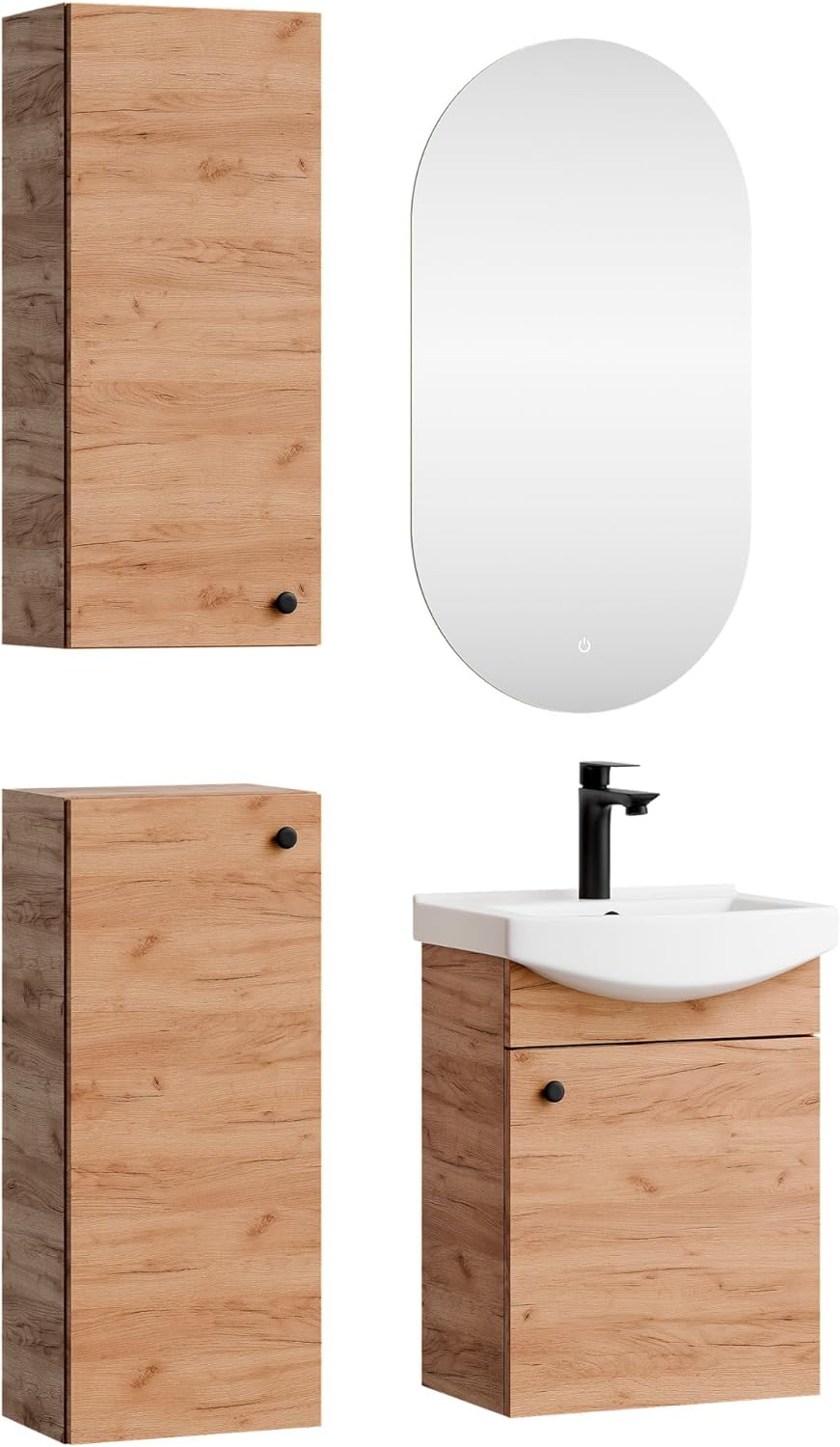 Planetmöbel bathroom cabinet set Washbasin with vanity unit 45 x 60 x 33 cm, mirror with lighting 50 x 90 cm, 2X midi cabinets for bathroom & guest toilet, gold oak - QUORE
