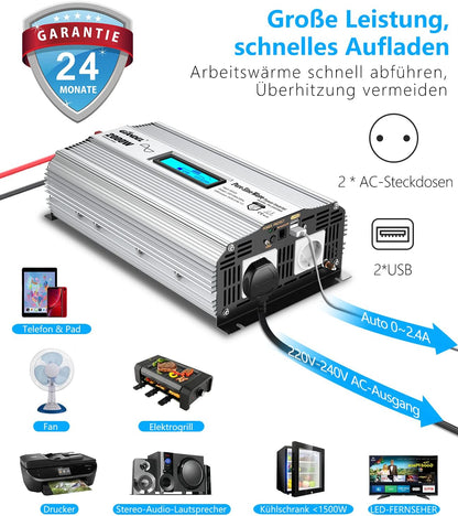 GIANDEL 2000 W zuivere sinus omvormer, DC 12 V naar AC 230 V, spanningsomvormer compatibel met LiFePO4-batterij, Power Inverter met 2 x 2,4 A USB en afstandsbediening en LCD-display voor