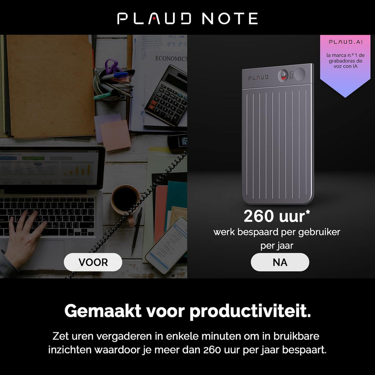 Plaud Note Digitale AI Spraakrecorder voice recorder met AI Transcriptie en samenvattingen audio ondersteunt 112 talen audio recorder voor colleges vergaderingen (Zwarte Hoes met Zwarte Note)