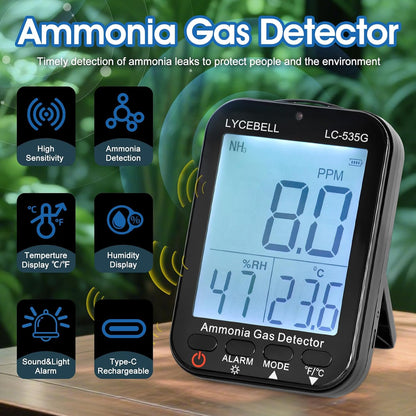 535G Ammoniak-gasdetector, NH3-monitor, 0-100 ppm, met dubbel alarm, oplaadbare draagbare gaslekdetector voor boerderijen, industrie, huis, temperatuur- en vochtigheidsweergave