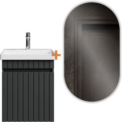 Planetmöbel Cosmia Bathroom Furniture Set Sink 50 x 60 x 35 cm Anthracite Mirror Lighting 50 cm Chrome Ceramic - QUORE