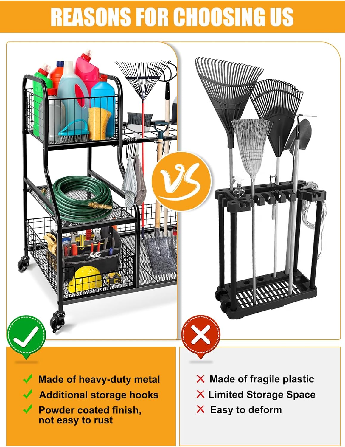 Kalolary Garden Tool Storage Organizer voor Garage, 3 Laags Opberghouder Gereedschap met Wielen, Groot Tuingereedschaprek met Extra Opbergmand voor Tuin/Schuur/Garage/Tuin/Kelder/Gazon