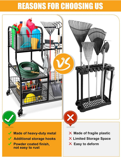 Kalolary Garden Tool Storage Organizer voor Garage, 3 Laags Opberghouder Gereedschap met Wielen, Groot Tuingereedschaprek met Extra Opbergmand voor Tuin/Schuur/Garage/Tuin/Kelder/Gazon