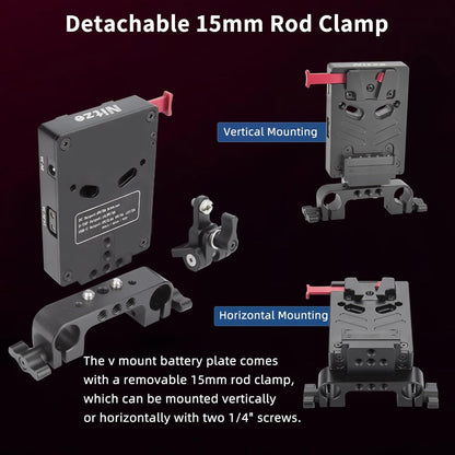 Nitze V-Mount Batterijplaat met 15 mm Staafklem en Verstelbare Arm, V Montageplaat 8V/3A DC, 14.8V/3A D-tap en PD 3.0 USB-C-Uitgangspoorten V Mount Battey Adapter - N21-D7B