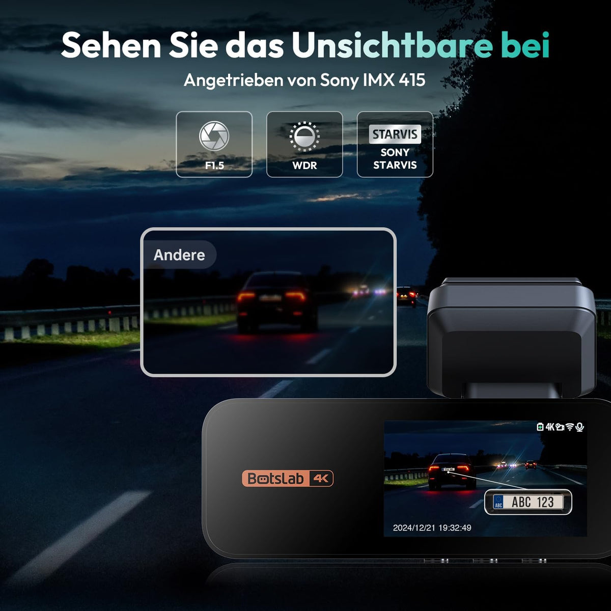 BOTSLAB 4K STARVIS Dashcam Auto voor en achter, wifi-autocamera, dashcam met GPS, ADAS, spraakbediening, gratis 64 GB kaart, nachtzicht, WDR, 2,45 inch IPS, 24/7 parkeerbewaking, loop-opname