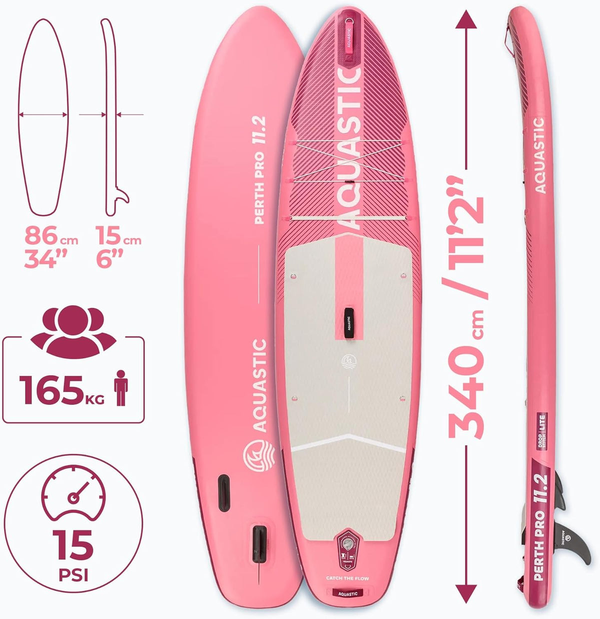 AQUASTIC Perth Pro 11'2" SUP Board Set – complete set met 2-in-1 peddel, kajakzitting, leash 300 cm, pomp, rugzak, Drop Stitch Lite, 165 kg, 340 x 86 cm, voor beginners en gevorderden