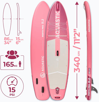 AQUASTIC Perth Pro 11'2" SUP Board Set – complete set met 2-in-1 peddel, kajakzitting, leash 300 cm, pomp, rugzak, Drop Stitch Lite, 165 kg, 340 x 86 cm, voor beginners en gevorderden