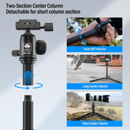 SIRUI Reisstatief van koolstofvezel met 360 ° kogelkop, 151,9 cm compact camerastatief met snelsluiting, omgekeerde inklapbare poten, omkeerbare middenkolom, max. belasting 7,7 kg - Traveler X-III